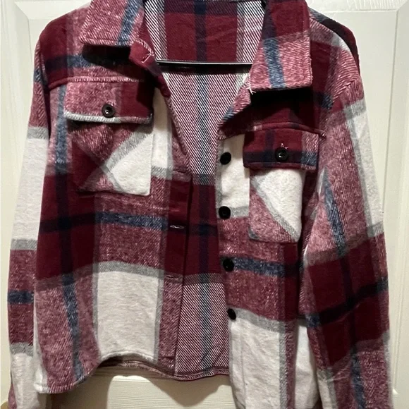 Plaid Red and Cream Button-Up Jacket. - Picture 3 of 6